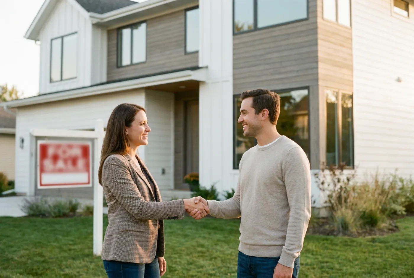 Handshake in front of a sold home won by responding to the lead first