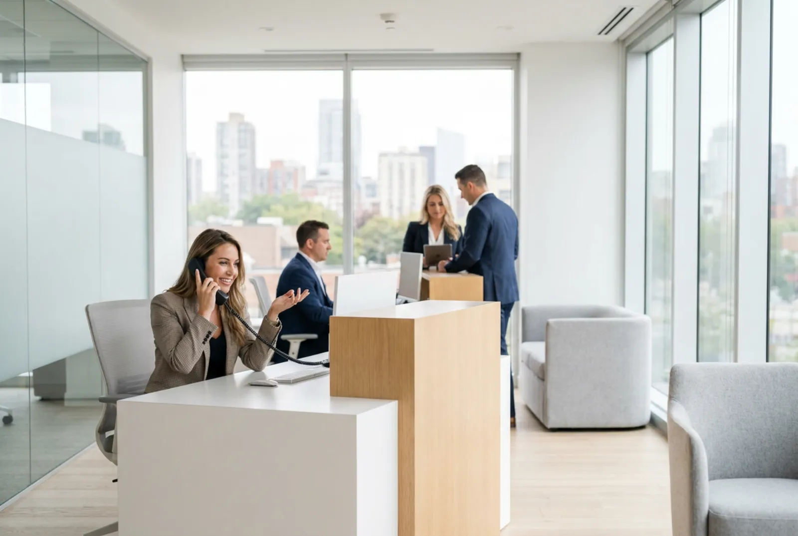 Real estate team answering buyer leads instantly in a modern brokerage office